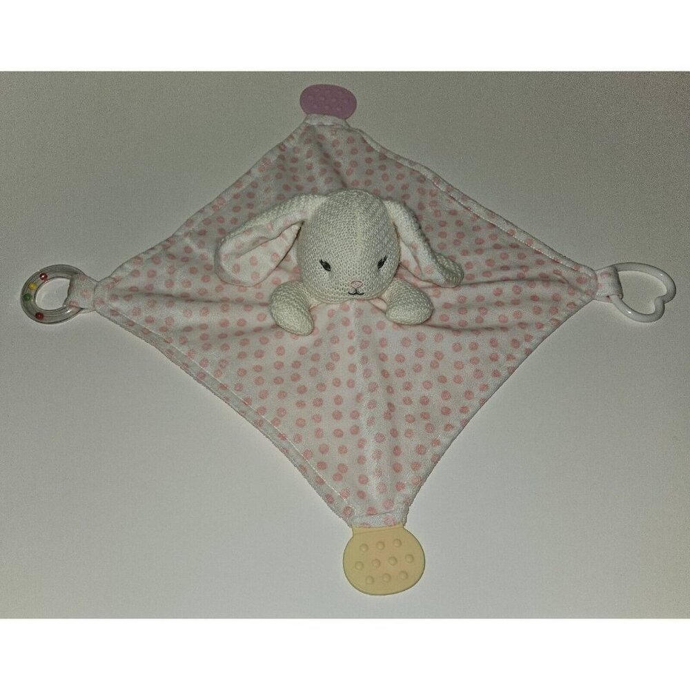 Modern Baby White Knit Bunny Rabbit Lovey Rattle Teether Pink Polka Dots Blankie